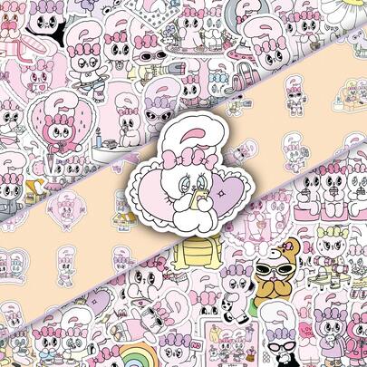50pcs Pink Esther Bunny Cartoon Stickers, Korean Style Decorative Glass Cup Calendar Stickers