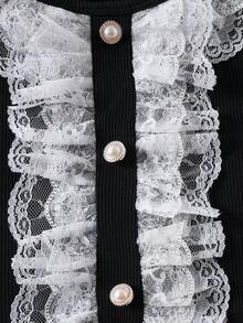 夏季女童优雅蕾丝拼接无袖上衣和迷你裙两件套 - 黑色 - 查看 4