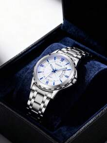 1pc Circular Calendar Luminous Quartz Stainless Steel Band Casual Business Men's Watch - one-size - View 14