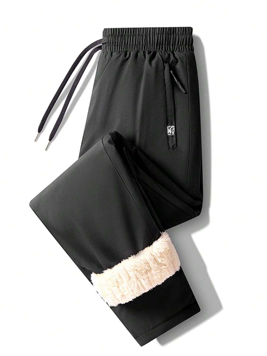 Thermal Lined Windproof Waterproof Warm Sports Pants For Men, Winter Outdoor Cold Resistant Fleece Pants, Breathable Casual Running And Hiking Pants, Black/Dark Gray, Thick Pants - Black - View 1