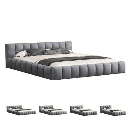 King Size Bed Frame With Velvet Fabric Tufting Upholstery Mattress Topper Foundation With Wooden Slats 320kg Capacity Velvet Grey