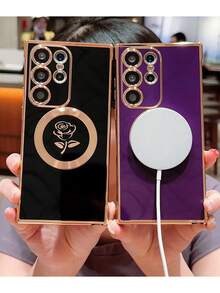 Magnetic Luxury Black & Gold Rose Design Phone Case - Compatible With Samsung & Compatible With IPhone - Black - View 2