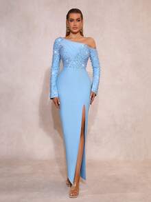 High End Fashion Heavy Industry Rhinestone Nail Bead Long Skirt Sexy High Slit Slanted Shoulder Elegant Temperament Long Sleeved Dress Carnival Party Gowns - Blue - View 1