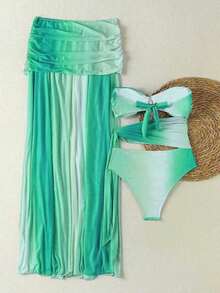 女士优雅性感休闲渐变海星装饰连体泳衣+长裙套装，沙滩度假时尚两件套，适合春季海滩浪漫约会和度假。独特设计，浪漫时尚，完美适用于游泳派对、沙滩派对、下午茶、野餐、沙滩活动、聚会和日常穿着。 - 薄荷綠 - 查看 3