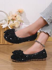 1 Pair Fashionable New Shiny Sequin Women's Shoes With Sequin Bow Decor - Black - View 3