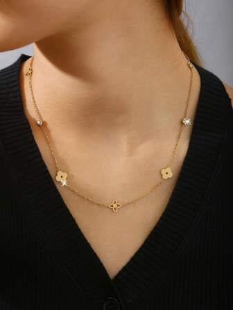 TONSI 1pc Vintage Elegant Luxury Minimalist Sophisticated High-End Charm 18K Gold Plated Stainless Steel Cubic Zirconia Four-Leaf Clover Flower Necklace/Choker, Suitable For Holidays, Daily Wear, Work, Parties, Gatherings - Women's Jewelry