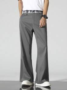 Men's Fashion Plaid Waistband Loose Flare Pants, Grey