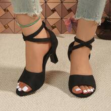 1 Pair Metal Decor Thick Heel Slide Sandals, Fashionable Design For Commuting, Casual, Beach, Travel, Suitable For All Seasons - Black - View 2
