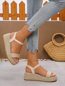 1双杏色厚底凉鞋，适合青少年和年轻女孩，夏季厚底编织凉鞋，时尚轻便透气舒适坡跟凉鞋，适合度假和日常穿着。 - 杏色 - 查看 2