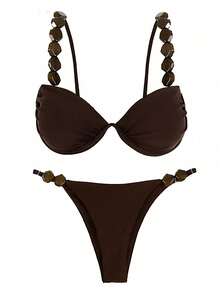 Beaded Deep Brown Bikini Set – Underwire Push-Up Top & High-Cut Bottom, Sheen Fabric, Luxury Beachwear - Cà phê đen - Xem 4