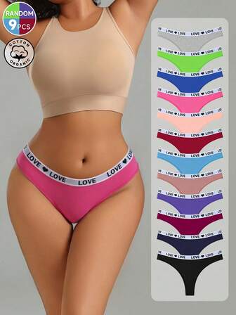 Paquete de 9 tangas de cintura baja con estampado de letras sin costuras para mujeres, ropa interior deportiva cómoda y transpirable de algodón con diseño minimalista