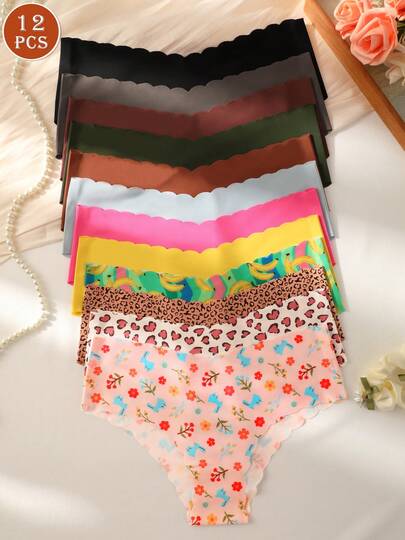 12条装女士荷叶边无痕内裤，心形水果印花和纯色搭配，透气柔软亲肤面料女士内衣