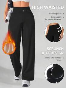 女士高腰阔腿裤，弹力直筒裤，冬季商务工作保暖套装裤，休闲直筒OL百搭裤，宽松保暖内衬休闲裤，适合步行、购物、运动，黑色 - 黑色 - 查看 4