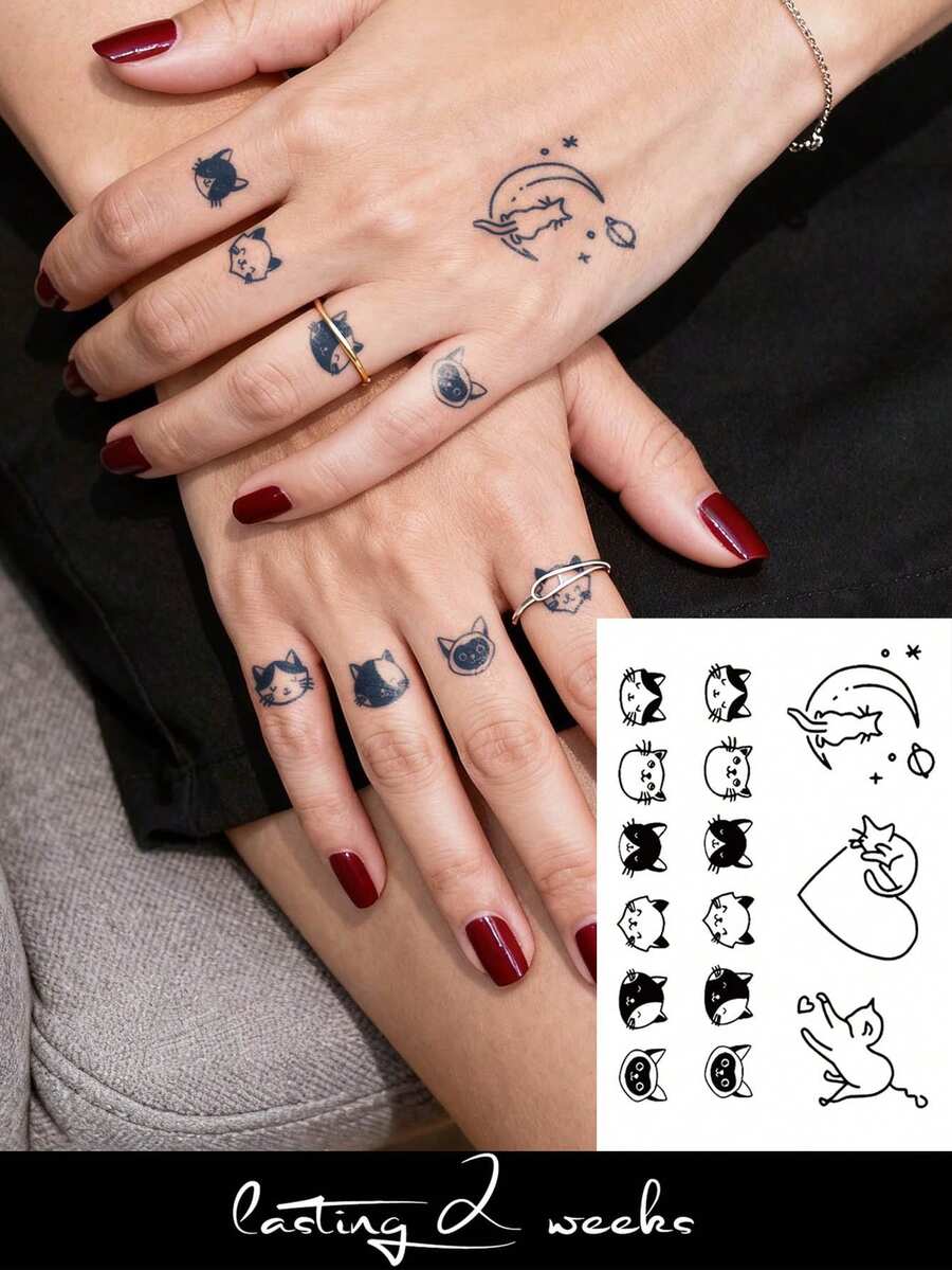 STARTTOOS Cute And Unique Cat Pattern Temporary Finger Tattoo Stickers, Herbal Semi-Permanent Waterproof Long-Lasting Non-Reflective Fake Tattoos, Suitable For Men And Women - Blue - View 1