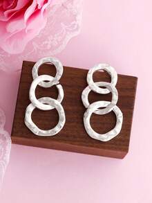 1 Pair Geometric Crinkle Metal Circular Stud Earrings, Minimalist Chic Earrings For Women - Silver - View 5