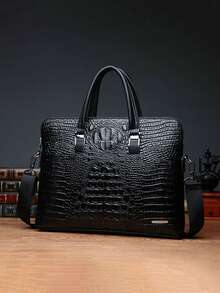 2pcs Men's Commuter Briefcase + Wallet Set, High-End Crocodile Embossed Handbag, Shoulder Bag, Large Capacity Business Laptop Bag, Fashion Random Crocodile Pattern Rectangular Bag With Long Shoulder Strap, Crossbody Bag, Briefcase, Christmas/Valentine's Day Gift For Men - Black - View 7