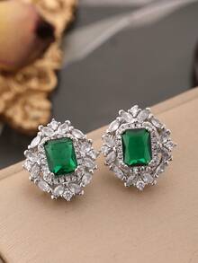 1 Pair Luxury Cubic Zirconia Stud Earrings, Green Earrings, Elegant Earrings Suitable For Women's Wedding, Party, Engagement Anniversary, Valentine's Day Gift, Throat, Suitable For Women. Valentine's Day Gift, Christmas Gift, Ramadan Distribution, Ramadan Dishes, Eid Al-Fitr Gift, Eid Al-Fitr Giveaway - Rectangular Green Earrings - View 6