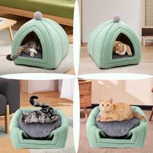 Yajuyi Cama para Gatos, casa para Dormir, Cueva cálida, Perrera para Perros, cojín Suave para Interiores, Tienda Cerrada, cabañas, sofá para Mascotas, Gatos, Verde - Azul verdoso - Ver 2