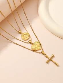 20226 Spring Summer New Virgin Mary Statue ,Heart Shaped ,Cross Necklace Jewelry Sets For Women ,Mom,Valentine's Day ,Mother's Day ,Sister ,Best Friend Gifts - Gold - View 1