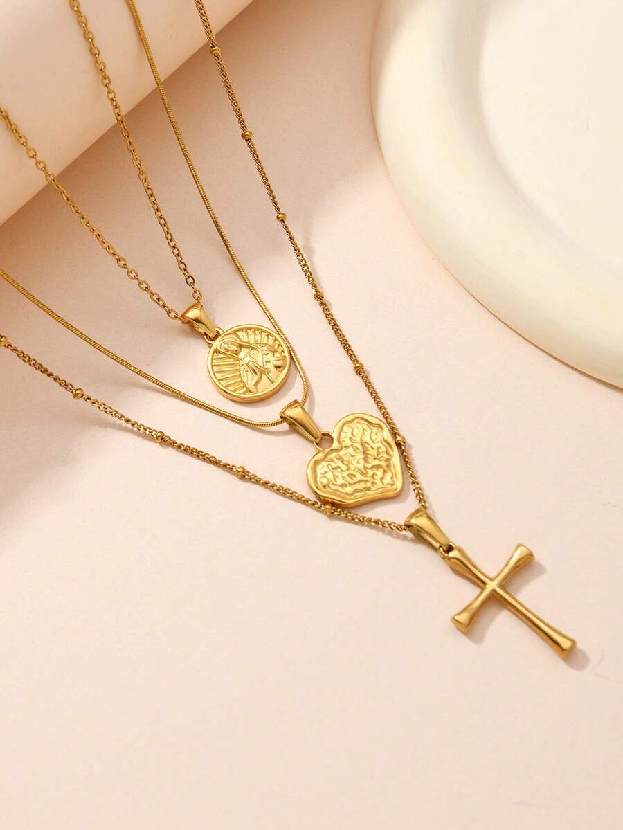 20226 Spring Summer New Virgin Mary Statue ,Heart Shaped ,Cross Necklace Jewelry Sets For Women ,Mom,Valentine's Day ,Mother's Day ,Sister ,Best Friend Gifts - Gold - View 1