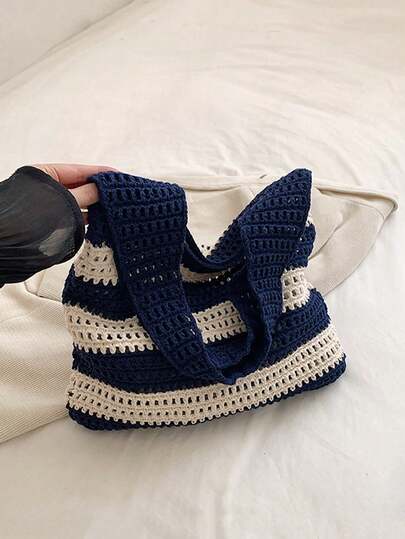 Yogodlns Women's Knitted Shoulder Bag, Hollow Crochet Handbag, Knitted Tote Bag, Large Capacity Shopping Bag, Minimalist Striped Painted Line Woven Tote Bag, Student Large Capacity Casual Women Handbag, Hollow Summer Bag, Perfect For Summer, Vacation And Beach, The Hottest Beach Bag