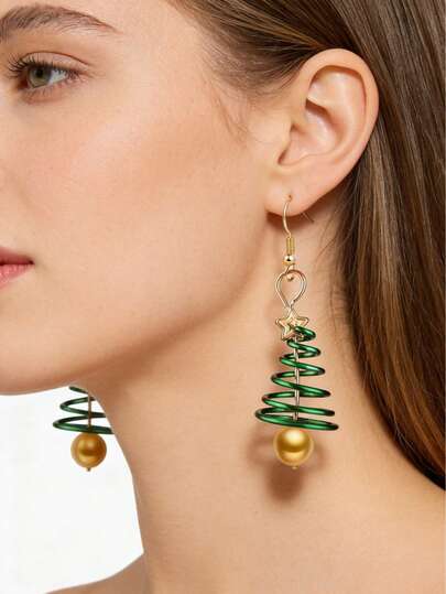 1 Pair Christmas Earrings With Snowflake, Reindeer Bell, Moon, Fan Shape, Multi-Layer Spring, Five-Pointed Star, Christmas Tree Stud Earrings, Creative Christmas Jewelry