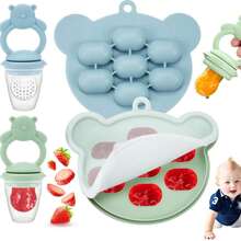 8pcs Baby Feeding Set, Silicone Tableware, Bib, Plate, Bowl, Cup, Fork & Spoon, Fruit & Vegetable Teether, Ice Tray - Multicolor - View 8