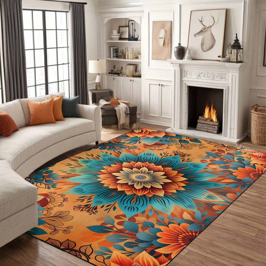 1pc Extra Large Bohemian Purple Mandala Area Rugs - Non-Slip Machine Washable Floor Rugs With Purple/Blue/Pink/Black/Teal Intricate Pattern, Durable Polyester & TPR Backing For Living Room, Bedroom, Home Decor - Style 3 - View 1