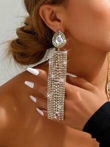 Women's Gold-Tone AB Rhinestone Teardrop Fringe Long Drop Earrings - Party Evening Dress Jewelry
