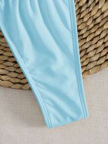 新款纯色系带优雅性感超三角比基尼套装，夏季沙滩时尚女士比基尼度假装 - 豹紋青藍 - 查看 6