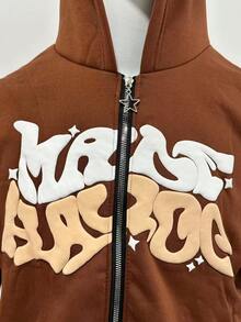 Retro Star And Letter Printed Zipper Hoodies 2025 Spring Autumn Harajuku Y2K Women And Men Fashion Hip Hop Long Sleeve Hooded Avant-Garde - Street Casual Spring/Fall Loose Zipper Pocket Patched - 棕色 - 查看 9
