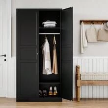 Metal Armoire Wardrobe Closet With 2 Doors 72'' Wardrobe Cabinet With Hanging Rail Metal Closet With Adjustable Shees For Bedroom Require Assembly Black 72inch - 黑色 - 查看 5