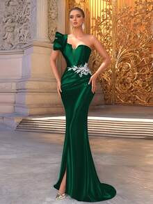 VIPGIRL 优雅深绿色单肩缎面正式晚礼服，肩部饰有3D立体花朵，腰部饰有串珠，女士舞会礼服，奢华长裙，女士正式礼服，快速发货 - 墨綠色 - 查看 5