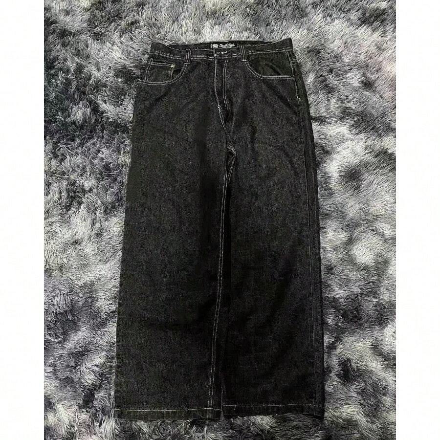 2026 Y2K Men's Wide Leg Jeans Dark Wash Letter Print Street  Trousers - BW1024印花 - 查看 1