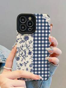 1pc New Fashionable & Elegant Blue Plaid & Floral Pattern Shock-Resistant Leather Phone Case Compatible With IPhone 17/17 Air/17 Pro/17 Pro Max, 16/16 Plus/16 Pro/16 Pro Max, 15/15 Plus/15 Pro/15 Pro Max, 14/14 Plus/14 Pro/14 Pro Max, 13/13 Pro/13 Pro Max, 12/12 Pro/12 Pro Max, 11/11 Pro/11 Pro Max