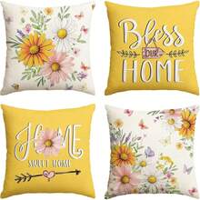 4 件套春夏乡村风亚麻枕套，“祝福我们的家”黄色抱枕套，花卉蝴蝶户外装饰季节性枕套，沙发靠垫套，单面印花，不含枕芯（16x16 英寸、18x18 英寸、20x20 英寸） - 黃色 - 查看 7
