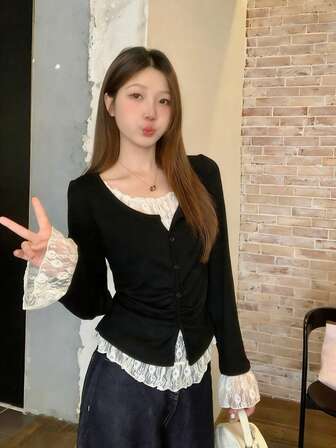 Women's Elegant Korean Style Lace Patchwork 2 In 1 Base Layer T-Shirt, Spring/Autumn