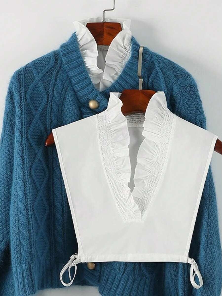 1pc Women's Elegant Pure White Polyester Fashion Fake Collar, V-Neck Lace Collar Ruffle Collar, Suitable For Autumn/Winter Daily Wear - Multicolor - View 1