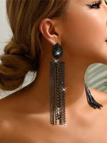 Women's Gold-Tone AB Rhinestone Teardrop Fringe Long Drop Earrings - Party Evening Dress Jewelry
