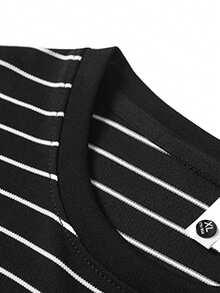 男士宽松黑白条纹T恤 - 百搭圆领，休闲日常百搭上衣 - 黑色 - 查看 2