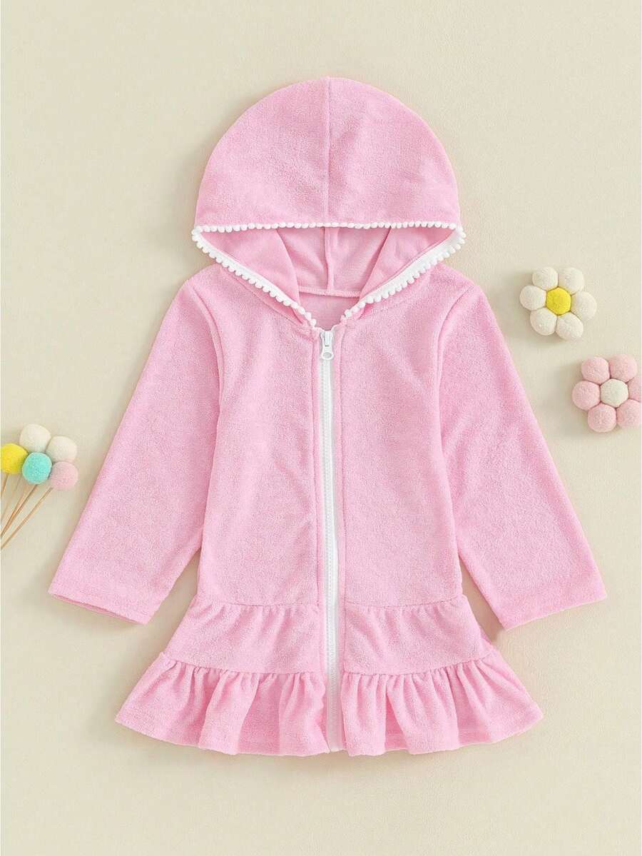 Kids Toddler Little Girl Swim Cover Up Terry Zip-Up Hooded Beach Bathing Suit Swimsuit Wraps Zipper Coverup Dress - 粉色 - 查看 1