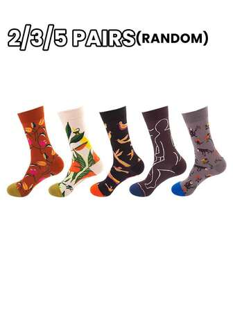2/3/5 Pairs Random Fashionable Versstile Creative AB Asymmetrical High Top Socks With Cartoon Animal, Tool, And Character Patterns