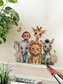 1 pieza Vivos adhesivos de pared de animales africanos - Elefantes, jirafas, leones, cebras y mariposas, leones de dibujos animados lindos, elefantes, tigres, animales del bosque, nubes arcoíris, adhesivos de pared para habitaciones de niños, guarderías, dormitorios, salas de estar, sofás, adhesivos de pared de fondo, adecuados para niños y niñas, dormitorio, sala de estar, decoración de habitación de bebé, hechos de material de vinilo, hermosos y convenientes