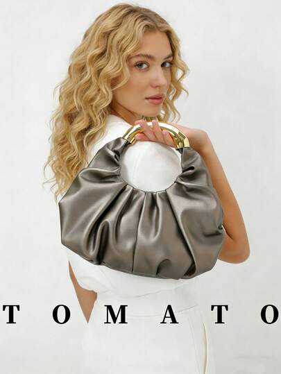 1 st. veckad damhandväska, runda metallhandtag, enfärgad armhålsväska i PU-läder, magnetisk stängning, lämplig för kvinnors dagliga användning - utflykter, shopping, klassrum, dejter, presenter, kontor, arbete, resor