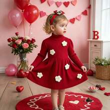 Vestido casual de niña de tela roja sólida con decoración de flores coloridas en 3D - Rojo - Ver 1
