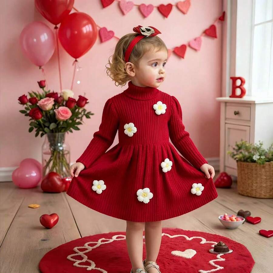 Vestido casual de niña de tela roja sólida con decoración de flores coloridas en 3D - Rojo - Ver 1