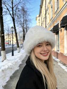 1顶新款仿毛皮压花高档渔夫帽/针织帽，女士冬季时尚保暖防风帽，日常穿着度假装扮的理想礼物 - A - 查看 7