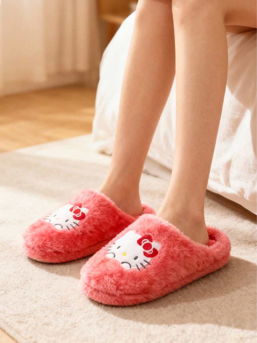 SANRIO &  &  Woman Closed Toe Lovely Warm Non-Slip Flat Plush Slippers Suitable For Winter Home,  Shoes, Furry Slippers, Fluffy Slippers