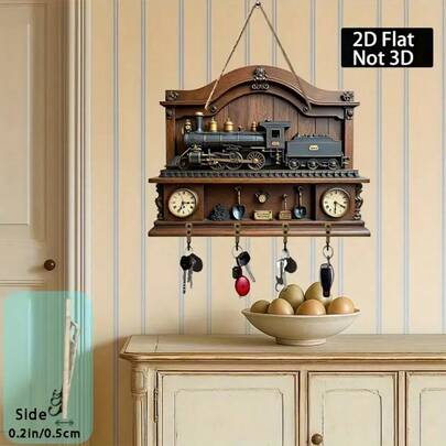 Relógio de Parede Decorativo com Padrão de Trilho de Trem Retrô 2D, com 4 Ganchos de Metal, Adequado para Corredor, Quarto e Vila, Tamanho: 30,0 cm x 23,01 cm. Suporte de Chaves Decorativo Multifuncional para Casa, Design Plano 2D, Presente para Meninos, Decoração de Parede.