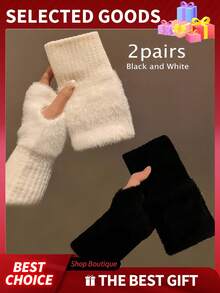 2 Pairs Women's Cashmere Wool Fingerless Gloves, Soft & Warm, Luxury Solid Color Fuzzy Knitted Fingerless Gloves, Warm Wool Fingerless Gloves, Women's Winter Fuzzy Knitted Warm Gloves, Wrist Leak-Proof, Multifunctional - Multicolor - View 2
